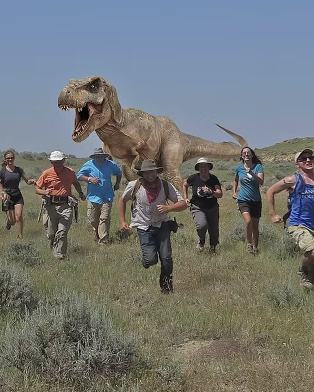 A field crew running across open prairie with a Tyrannosaurus added behind them.