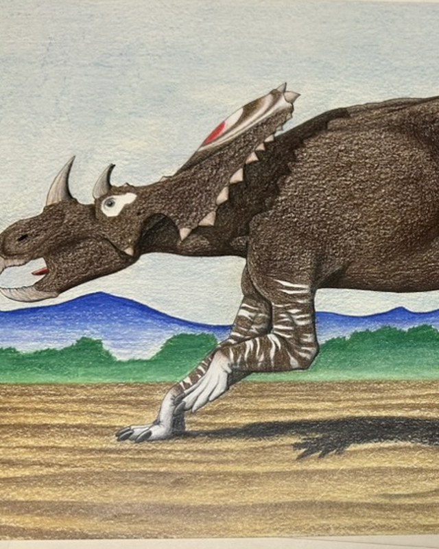 Coloured pencil drawing of a horned dinosaur running across open ground, signed Akbar.