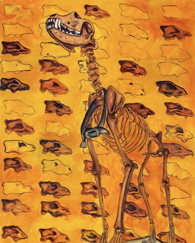 Painting of a mounted dire wolf skeleton wearing a collar, set against rows of wolf skulls on a golden yellow ground, by Emily Graslie.