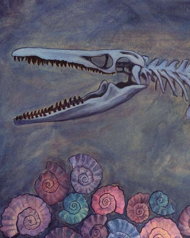 Painting of a Clidastes mosasaur skeleton drifting above a bed of pastel ammonites, by Emily Graslie.