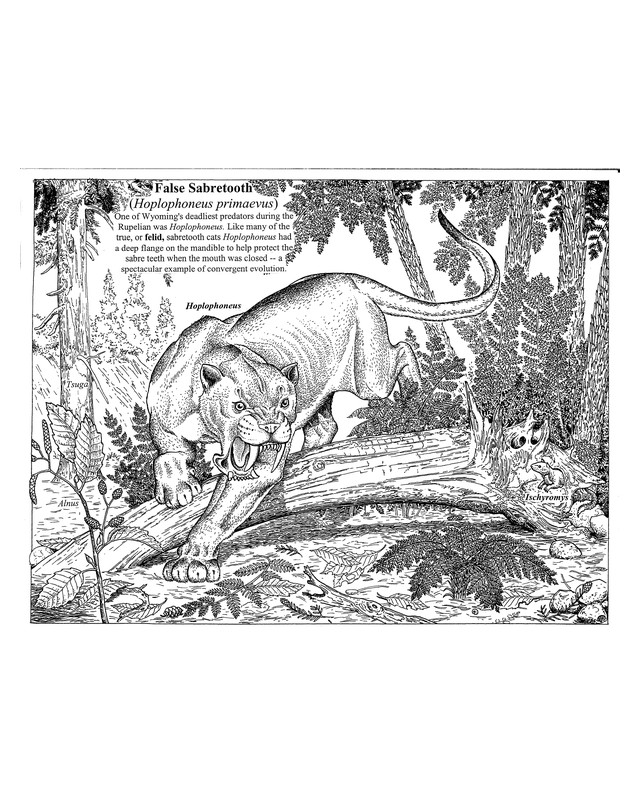 Pen and ink drawing of the false sabretooth Hoplophoneus crouched on a fallen log in a forest, with a short caption, by Russell J. Hawley.