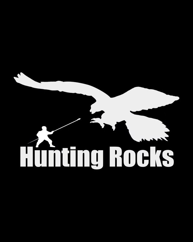 The Hunting Rocks logo, a small figure with a spear facing a giant bird of prey.