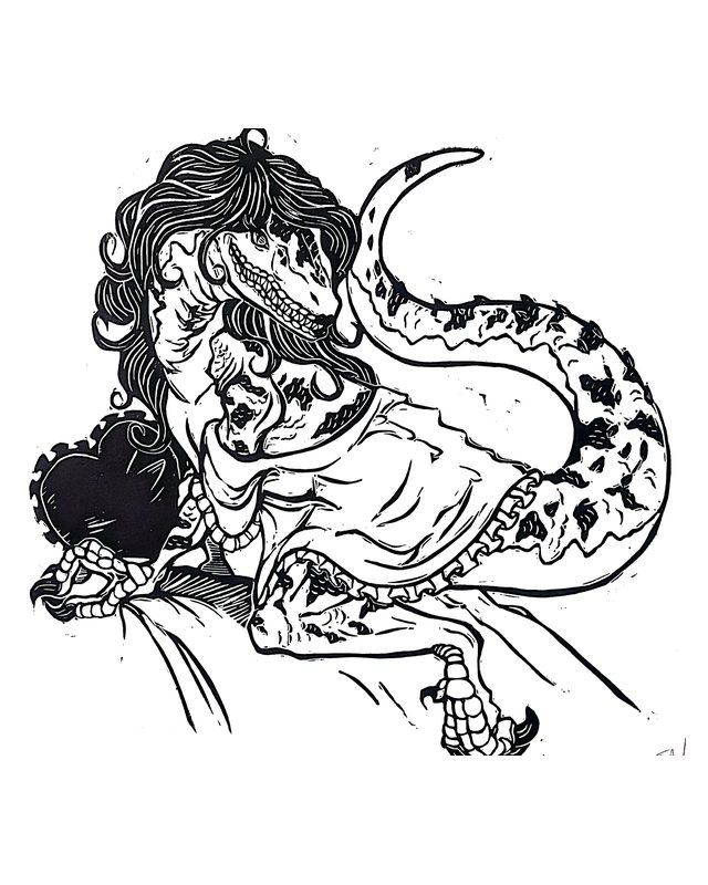 Linocut of a long-haired raptor in a ruffled gown, holding a dark heart, by Taylor Leiweke.