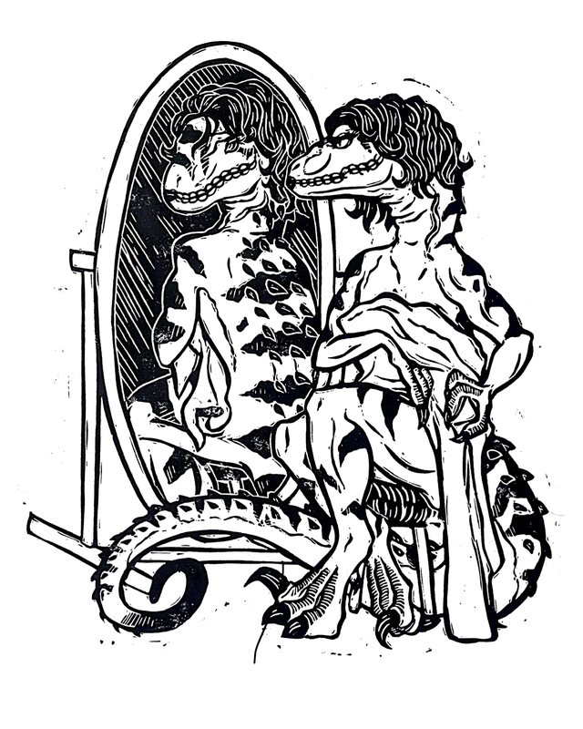 Linocut of a long-haired raptor seated before a mirror, its reflection looking back, by Taylor Leiweke.
