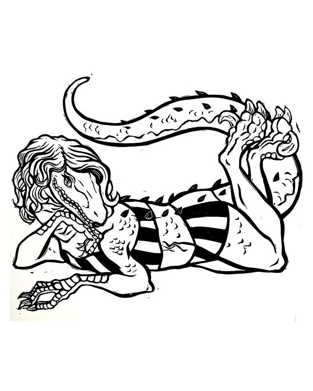Linocut of a long-haired raptor in a striped swimsuit lying on its front, by Taylor Leiweke.