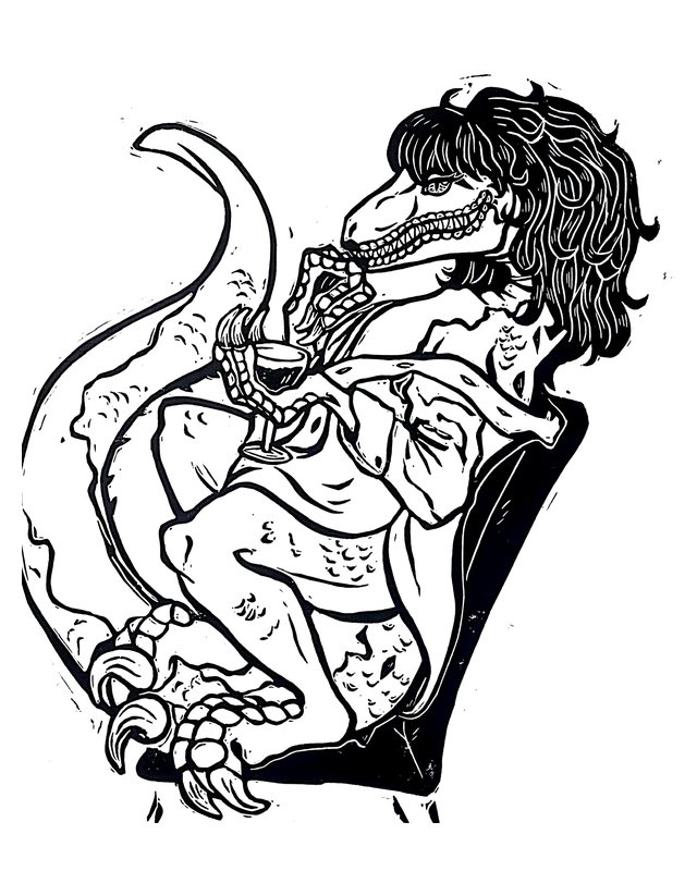 Linocut of a long-haired raptor lounging in a chair with a glass of wine, by Taylor Leiweke.