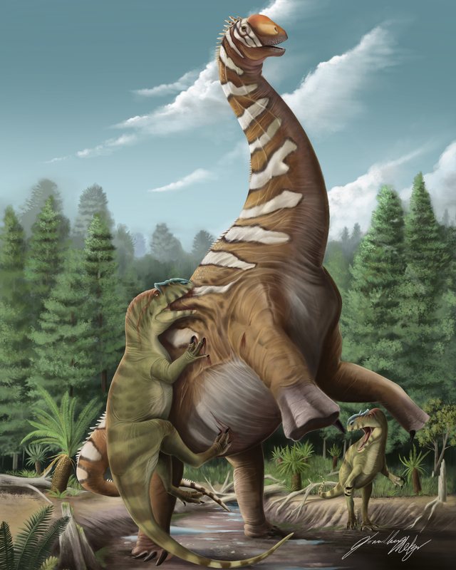A long-necked dinosaur rearing back as a predatory dinosaur bites into its side, with a second predator calling from the water's edge, by Jonathan Metzger.