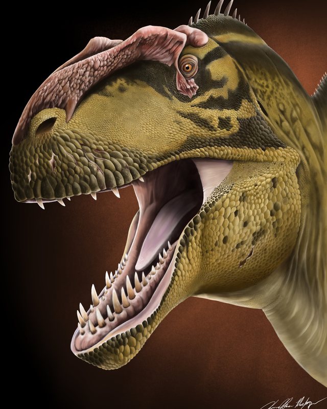 Close view of an olive and gold tyrannosaur with open jaws and a pink brow crest, by Jonathan Metzger.