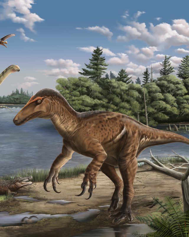 A brown predatory dinosaur walking the shore of a lake beneath a cloudy sky, by Jonathan Metzger.