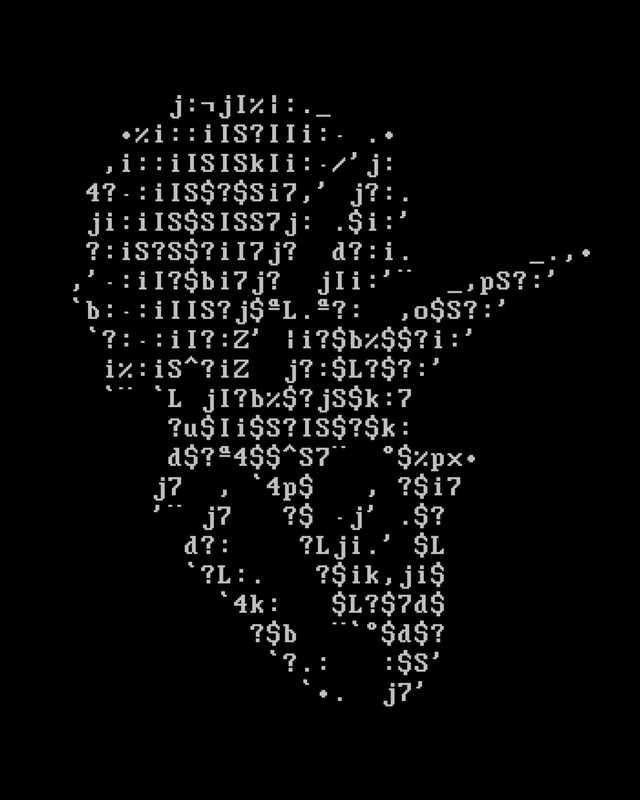 A Triceratops built out of typed characters in pale grey on black, by VAPZ.