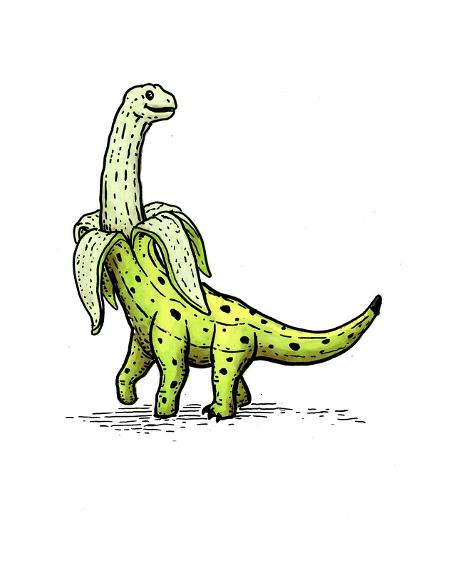 Slippy, a cartoon sauropod drawn as a half peeled banana.