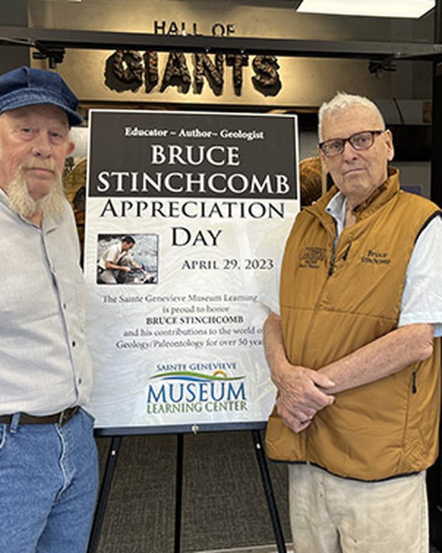 Bruce Stinchcomb beside the sign for his appreciation day at the Sainte Genevieve Museum Learning Center.
