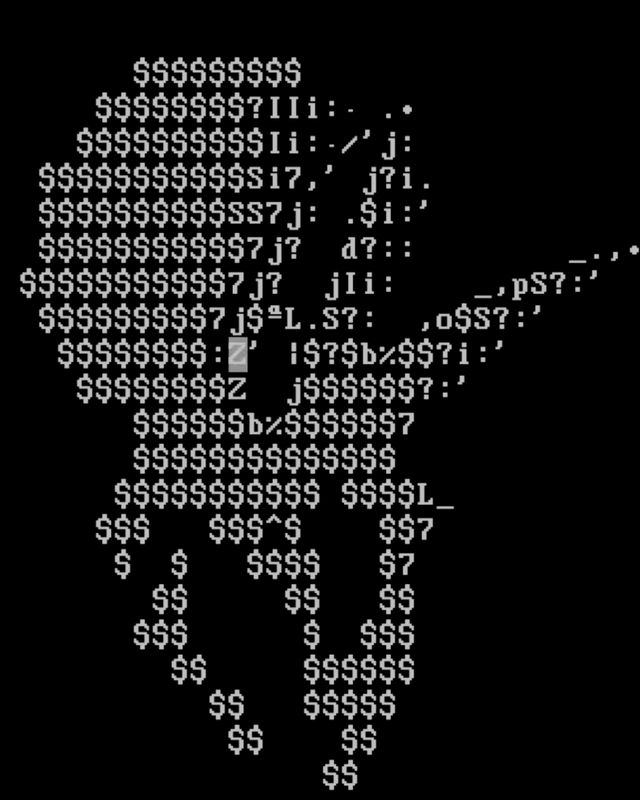 A Triceratops built out of typed characters in pale grey on black, by vagonparovoz.