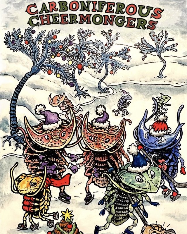 Holiday drawing of Carboniferous sea creatures in winter hats ice skating beneath decorated trees, by Patrick Weck.