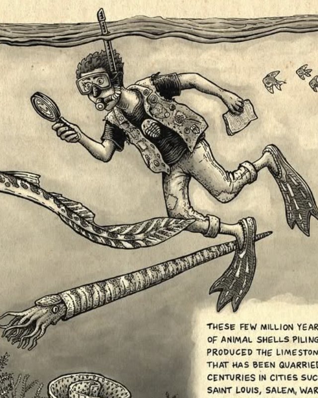 Ink drawing of a snorkeler with a magnifying glass swimming through a Mississippian sea beside a shark and straight-shelled cephalopods, by Patrick Weck.
