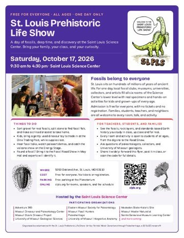 The one-page St. Louis Prehistoric Life Show flyer, with Slippy the SLPLSaurus in the top corner.