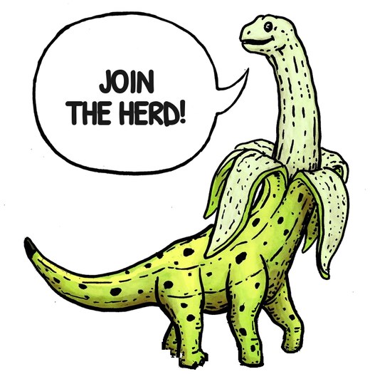Slippy the SLPLSaurus, a cartoon sauropod peeling out of a banana, saying join the herd.