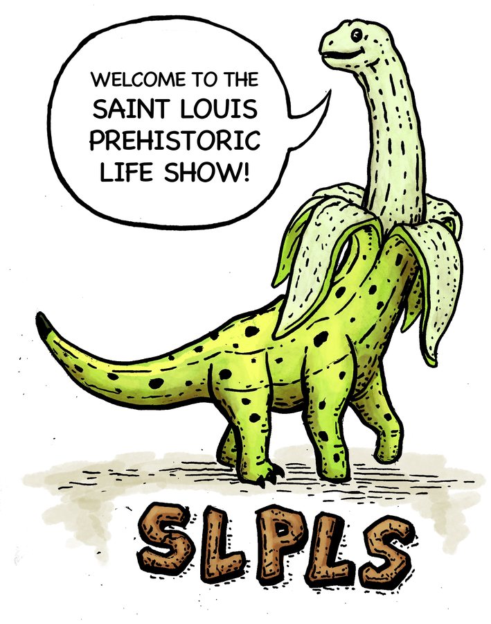 Slippy the SLPLSaurus, saying welcome to the Saint Louis Prehistoric Life Show.